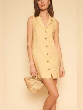 NWT Whimsy + Row Jaclyn 100% Linen Collared Yellow Mini Dress Size M Made In USA